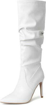 Generic Womens Fashion Slouch Ruched Knee High Boots Pointed Toe Stiletto High Heel Pumps Winter Dress Shoes Pull On Wide Calf (White,7.5)