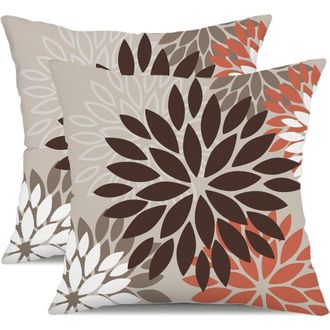 OEM Fundas De Almohada De 40x40 Cm (paquete De 2) En Tonos Marr&oacute;n, Rojo Y Naranja, De Lino Con Estampado Floral, Impermeables, Aptas Para Uso Interior Y E