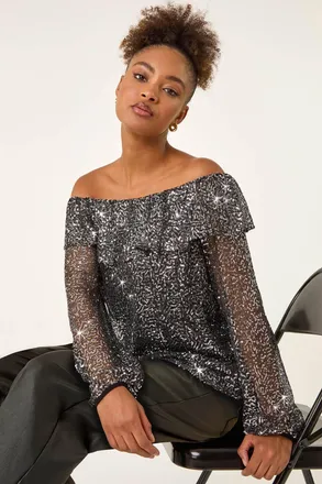 Roman Sequin Mesh Bardot Top