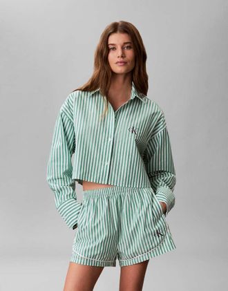 Calvin Klein Camicia corta in popeline verde a righe con logo in coordinato