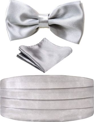 Alizeal Mens Solid Pre-tied Party Adjustable Bow Tie, Cummerbund and Pocket Square Gift Set, Silver