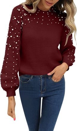 Generic Womens Pullover with Pearls Sleeves Wide Plain Elegant Jumper Women Knitted Stand-Up Collar Loose Winter Jumper Elegant Knitted Jumper Loose Casual Kn