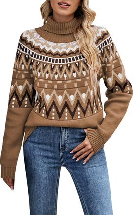 Generic Fairisle Jumper Women Winter Thick Polo Neck Knitted Jumpers Dressy Casual Pullover Turtleneck Sweaters Thermal Warm Fair Isle Sweater High Neck Knitw