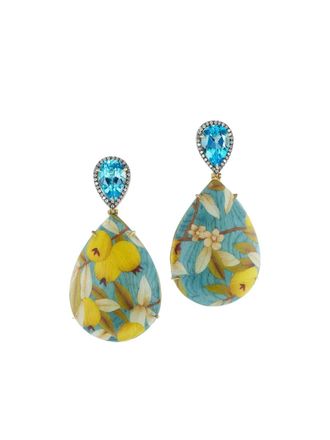 Silvia Furmanovich 18K yellow gold marquetry topaz drop earrings - women - 18kt Yellow Gold/Blue Topaz/Diamond - One Size