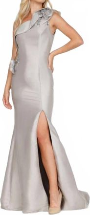 Terani Couture One Shoulder Long Evening Gown In Taupe Ivory