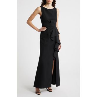 Eliza J Cascade Ruffle Sleeveless Gown in Black at Nordstrom, Size 10