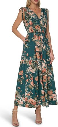 Calvin Klein Floral Print Tie Strap Maxi Dress in Malachite Multi at Nordstrom Rack, Size 14