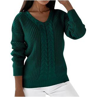 Generic Jumpers for Women UK Sale Clearance Cable Knitted Long Sleeve Pullover Sweaters Plain Loose Tunics Tops V Neck Jumpers Knitted Sweater Solid Color Cas