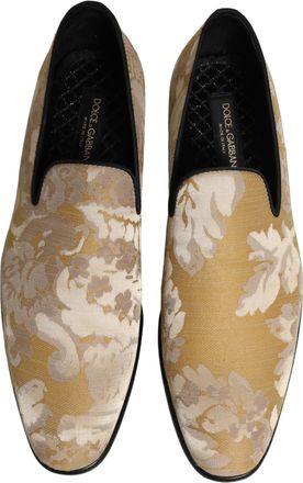 Dolce & Gabbana Gold Floral Print Jacquard Men Loafers Shoes Leather