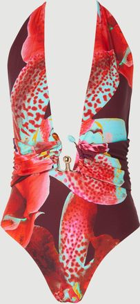 Karen Millen Womens Photographic Floral Plunge Swimsuit With Stone Detail - Wine Nylon - Size X-Small