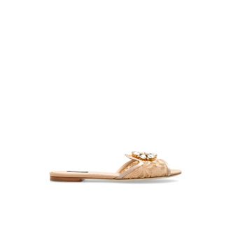 Dolce & Gabbana Schoenen, Dames, Beige, 39 1/2 EU, Leer, Crystal Lace Flat Sandalen