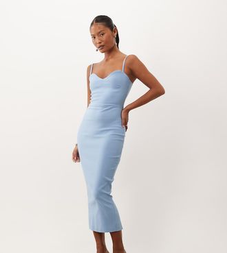 Vesper Petite vestito midaxi con scollo a cuore, spalline sottili, in bengalina, azzurro ghiaccio-Nero