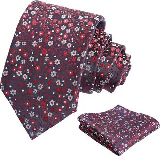 Alizeal Mens 8cm Floral Patterned Wedding Party Tie with Pocket Square 8cm Colorful Classic Business Tie Set, Red+White