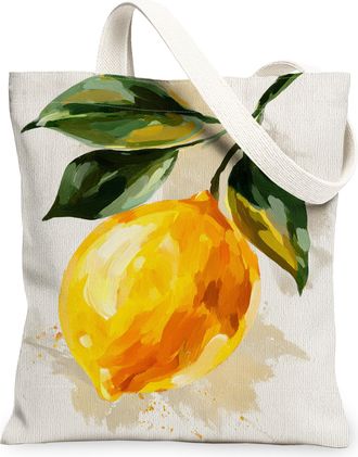 Generic Lemon Canvas Tote Bags, Artistic Fruit Design Reusable Grocery Bags, Summer Vintage Lightweight Washable Shoulder Strap Can, Yellow, 13x15 Inch
