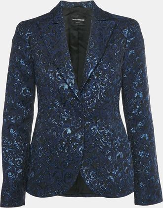 Emporio Armani Navy Blue /black Jacquard Single Breasted Blazer