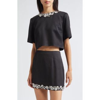 Cinq &agrave; Sept Adona Floral Jewel Embellished Crop Top in Black at Nordstrom, Size Xx-Small