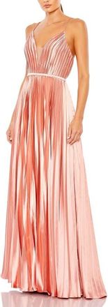 Mac Duggal Plunge Neck Pleated Evening Gown in Rose Gold at Nordstrom, Size 10