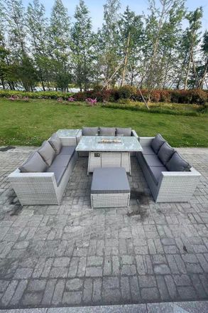 Fimous Light Grey U Shape Lounge Sofa Dining Set Gas Heater Firepit Burner Extra SideTable Footstool