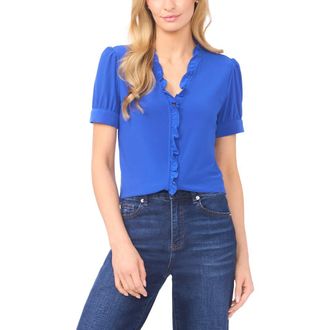 CeCe by Cynthia Steffe Ruffle Trim Crepe Knit Button-Up Top in Dp Royal Blue at Nordstrom, Size X-Small