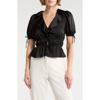 Wayf Ruffle Tie Front Top in Black at Nordstrom Rack, Size X-Large