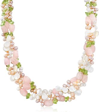 Ross-Simons 4-5mm Multicolored Cultured Pearl and Multi-Stone Torsade Necklace With Sterling Silver