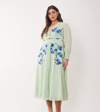 Hope & Ivy Vestito midi a portafoglio verde menta con maniche trasparenti e ricami