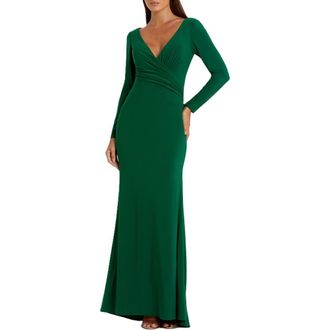 Mac Duggal Long Sleeve Ruched Jersey V-Neck Gown in Emerald at Nordstrom, Size 10