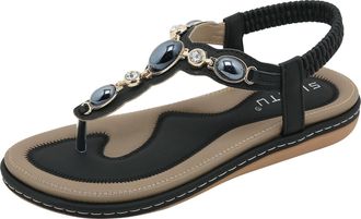 Generic Womens Wide-fit Sandals Ladies Elastic Band Flip Flops Summer Flat Leather Sandals Round Toe Bohemian Walking Sandals,JH198,6.5,Black08