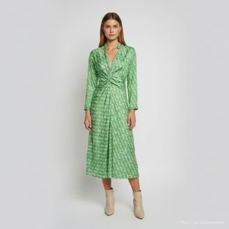 Sandro Green Anchor Print Silk Draped Maxi Dress