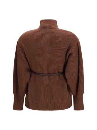 Brunello Cucinelli Womens High Neck Cardigan With Belt Cioccolato Sweater