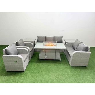 Fimous Fimous PE Rattan Garden Furniture Set Reclining Chair Sofa Double Love Seat 2 Seater Sofa Lounge Set Firepit Dining Table 2 Stools 2 Side Table Light