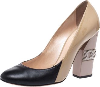 Casadei Beige/black Patent And Leather Chain Motif Heel Round Toe Pumps