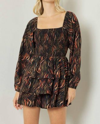 Entro Square Neck Long Sleeve Tiered Romper In Black/flame Print
