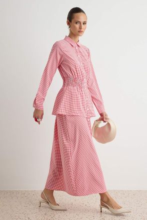Trendyol Modest Dames Rood Geruit Maxi Lang Casual Skater Modest Jurken