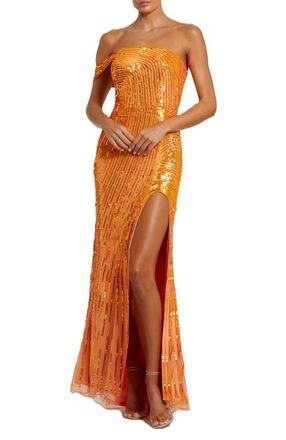 Mac Duggal One Shoulder Mesh Sequin Gown With Slit in Orange Crush at Nordstrom, Size 2