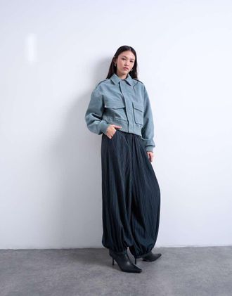 Topshop Giacca in camoscio sintetico blu con zip e tasche applicate