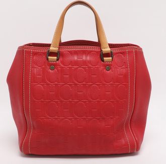 Carolina Herrera Red/beige Monogram Embossed Leather Tote