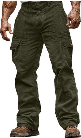 Generic Corduroy Cargo Trousers for Men Button Relaxed Fit Casual Trousers with Multi Pockets Comfortable Outdoor Cargo Pants Outdoor Daily Wear Autumn Winter
