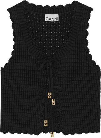 Ganni Zwarte Textured Kant Top Elegant Mouwloos - Dames - Vesten - Zwart - M - Katoen - Truien & Vesten
