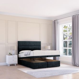 Sloomy Texas Naples Fabric Ottoman Bed End Opening With Sprung Memory Mattress & 26 Inch strut Headboard in Black | Size: Small Double