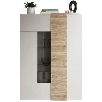 Dmora Vetrina Gorizia, Mobile Espositore 8 Ripiani, 2 Ante Made in Italy, 10 Vani, 121x44x169h cm Bianco Lucido