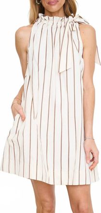 Glam Ruffle Neck Tie Sleeveless Mini Dress In Taupe Stripe