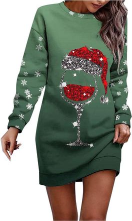 Generic Christmas Dress Womens Elegant Christmas Jumper Womens Long Sweat Dress with Red Wine Glass Jumper Dress Round Neck Long Sleeve Pullover Clothing Casu