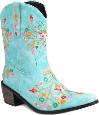 Generic Womens Mid-Calf Cowboy Boots with Embroidery Details, Wide Shaft Pull-On Design for Country Style,Blue,5.5 UK