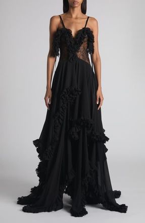 Alexander McQueen Tiered Ruffle Silk Georgette Gown in Black at Nordstrom, Size 6 Us