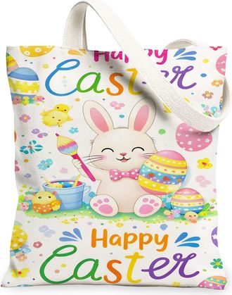 Generic Easter Rabbit Canvas Tote Bags, Cute Bunny Floral Pattern Reusable Bags, Spring Lightweight Washable Shoulder Strap Canvas, White, 13x15 Inch