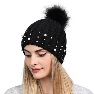 Generic Womens Winter Hat with Bobble and Pearls Elegant Knitted Hat Warm Winter Hat Flat Hat Winter Hats Knitted Hats for Women Winter Gift, B-black, One Siz
