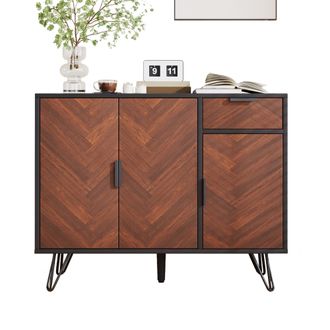 STILVORA Aparador Con 3 Puertas Y 1 Caj&oacute;n, Estantes Ajustables En Altura, Estilo Moderno, En Mdf, Negro Y Madera, 90&times;30&times;71,5 Cm