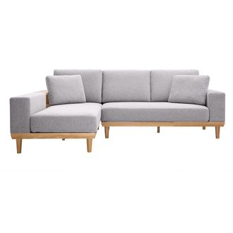 Miliboo Sof&aacute; Chaise Longue A La Izquierda 5 Plazas Con Estantes En Tela Texturizada Gris Claro Efecto Aterciopelado Y Madera Clara Komao