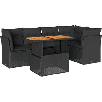 vidaXL Set De Sof&aacute;s De Jard&iacute;n 6 Piezas Y Cojines Rat&aacute;n Sint&eacute;tico Negro
